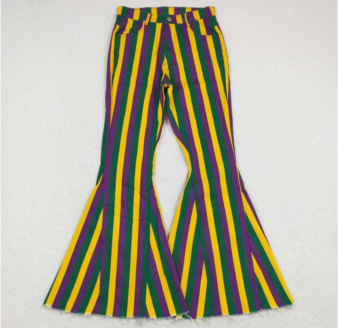 High waist Mardi Gras stripe jeans. True to size