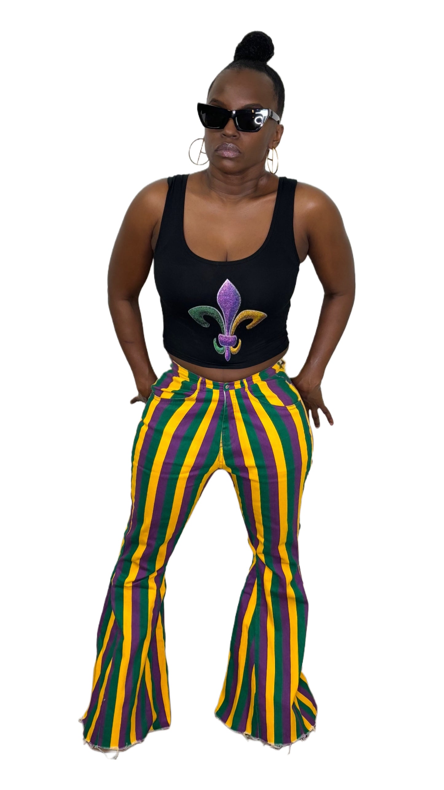 High waist Mardi Gras stripe jeans. True to size